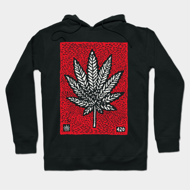 Cannabis Leaf Linocut T-Shirt | Red 420 Weed Art Hoodie by TuncGK