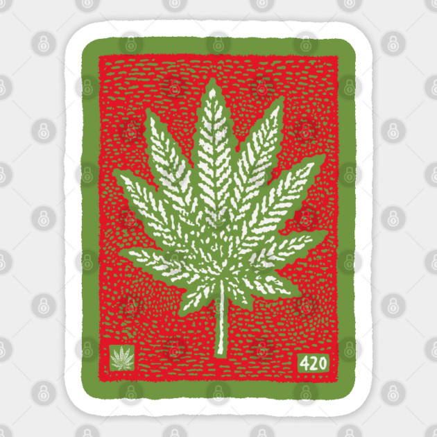 Cannabis Leaf Linocut T-Shirt | Red 420 Weed Art Sticker by TuncGK