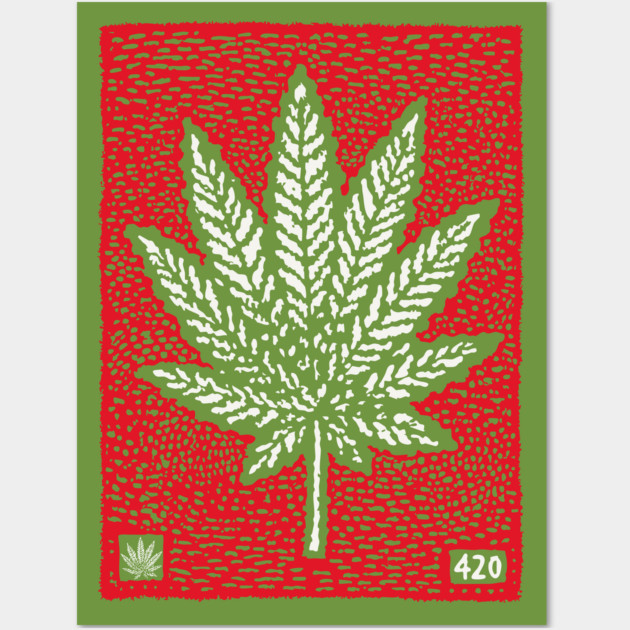 Cannabis Leaf Linocut T-Shirt | Red 420 Weed Art Wall Art by TuncGK
