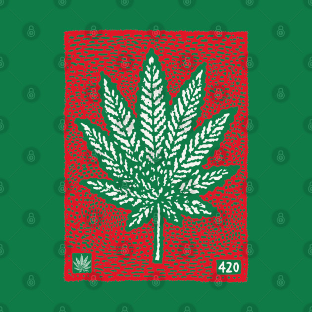 Cannabis Leaf Linocut T-Shirt | Red 420 Weed Art by TuncGK