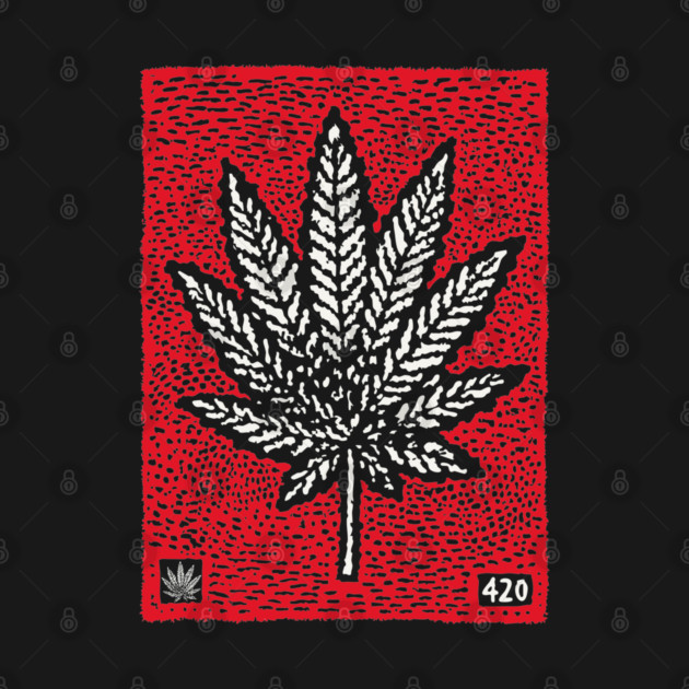 Cannabis Leaf Linocut T-Shirt | Red 420 Weed Art by TuncGK