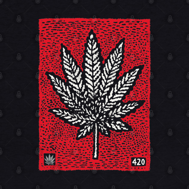 Cannabis Leaf Linocut T-Shirt | Red 420 Weed Art by TuncGK