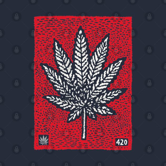 Cannabis Leaf Linocut T-Shirt | Red 420 Weed Art by TuncGK
