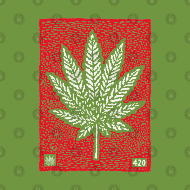 Cannabis Leaf Linocut T-Shirt | Red 420 Weed Art by TuncGK