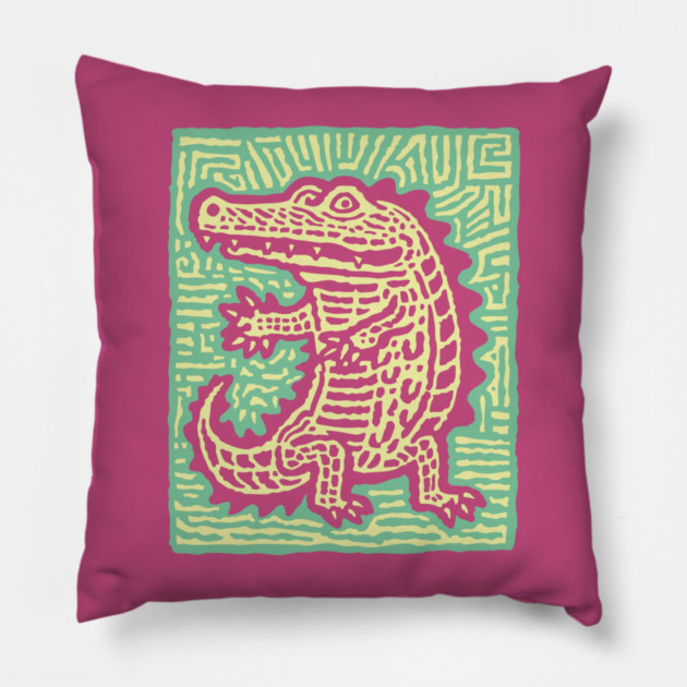 Alligator Block Print T-Shirt | Tribal Crocodile Linocut Pillow by TuncGK