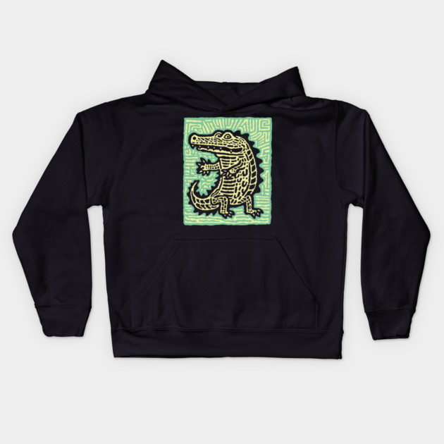 Alligator Block Print T-Shirt | Tribal Crocodile Linocut Kids Hoodie by TuncGK