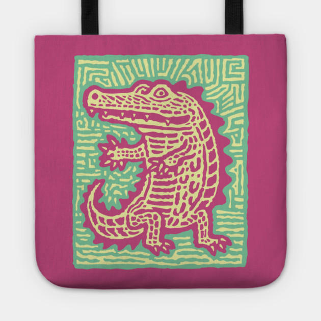 Alligator Block Print T-Shirt | Tribal Crocodile Linocut Tote by TuncGK