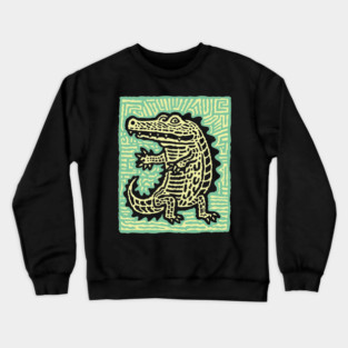 Alligator Block Print T-Shirt | Tribal Crocodile Linocut Crewneck Sweatshirt