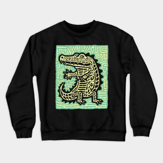 Alligator Block Print T-Shirt | Tribal Crocodile Linocut Crewneck Sweatshirt by TuncGK