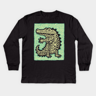 Alligator Block Print T-Shirt | Tribal Crocodile Linocut Kids Long Sleeve T-Shirt