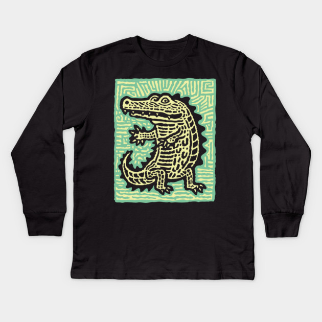 Alligator Block Print T-Shirt | Tribal Crocodile Linocut Kids Long Sleeve T-Shirt by TuncGK