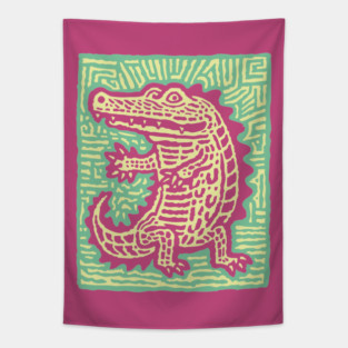 Alligator Block Print T-Shirt | Tribal Crocodile Linocut Tapestry
