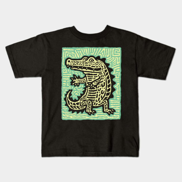 Alligator Block Print T-Shirt | Tribal Crocodile Linocut Kids T-Shirt by TuncGK