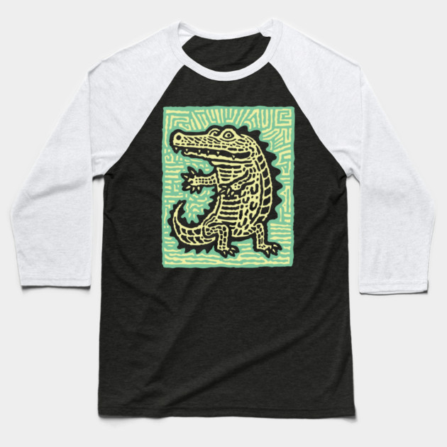 Alligator Block Print T-Shirt | Tribal Crocodile Linocut Baseball T-Shirt by TuncGK