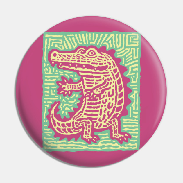 Alligator Block Print T-Shirt | Tribal Crocodile Linocut Pin by TuncGK