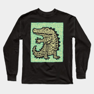 Alligator Block Print T-Shirt | Tribal Crocodile Linocut Long Sleeve T-Shirt