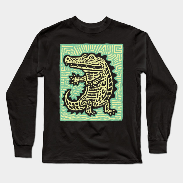 Alligator Block Print T-Shirt | Tribal Crocodile Linocut Long Sleeve T-Shirt by TuncGK