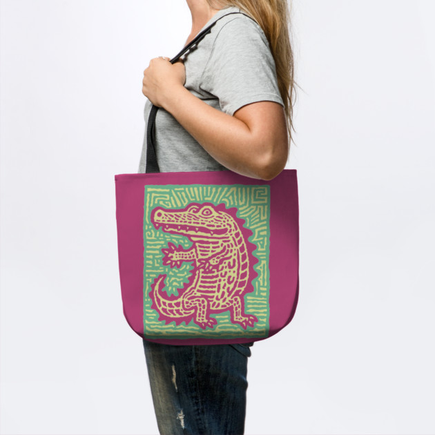 Alligator Block Print T-Shirt | Tribal Crocodile Linocut by TuncGK