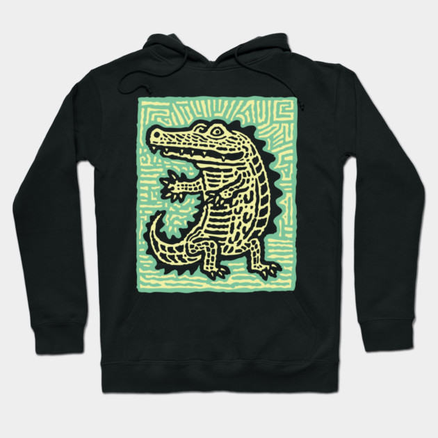 Alligator Block Print T-Shirt | Tribal Crocodile Linocut Hoodie by TuncGK