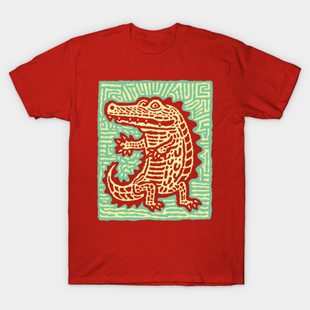 Alligator Block Print T-Shirt | Tribal Crocodile Linocut T-Shirt by TuncGK