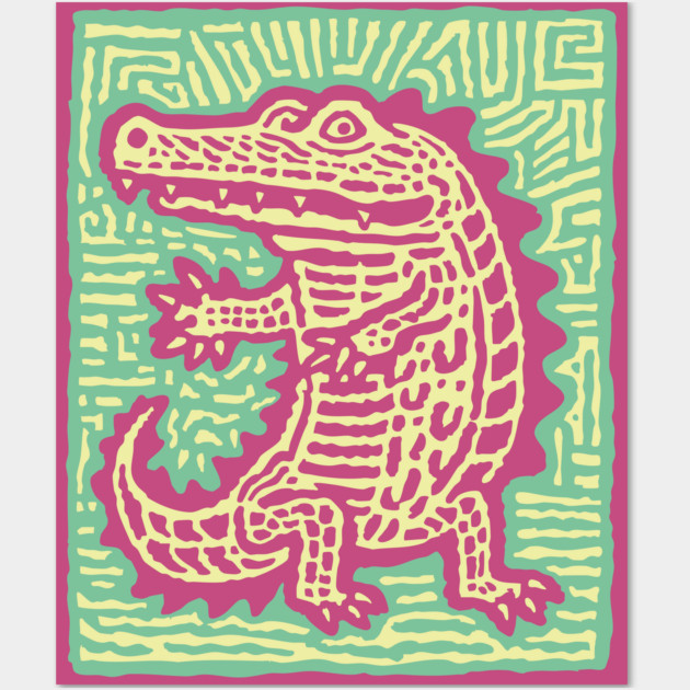 Alligator Block Print T-Shirt | Tribal Crocodile Linocut Wall Art by TuncGK