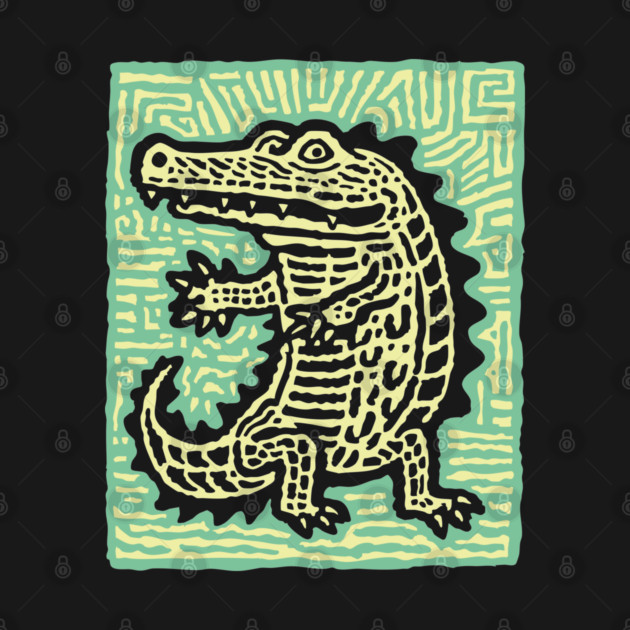 Alligator Block Print T-Shirt | Tribal Crocodile Linocut by TuncGK