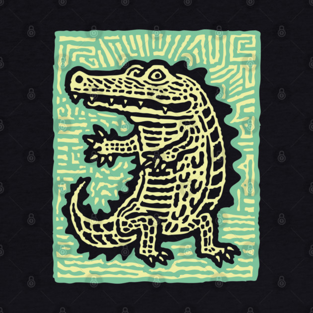 Alligator Block Print T-Shirt | Tribal Crocodile Linocut by TuncGK