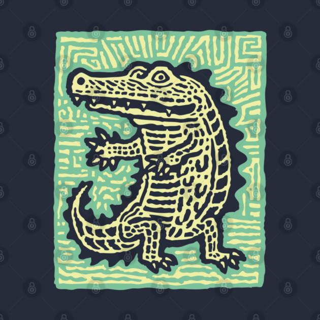 Alligator Block Print T-Shirt | Tribal Crocodile Linocut by TuncGK