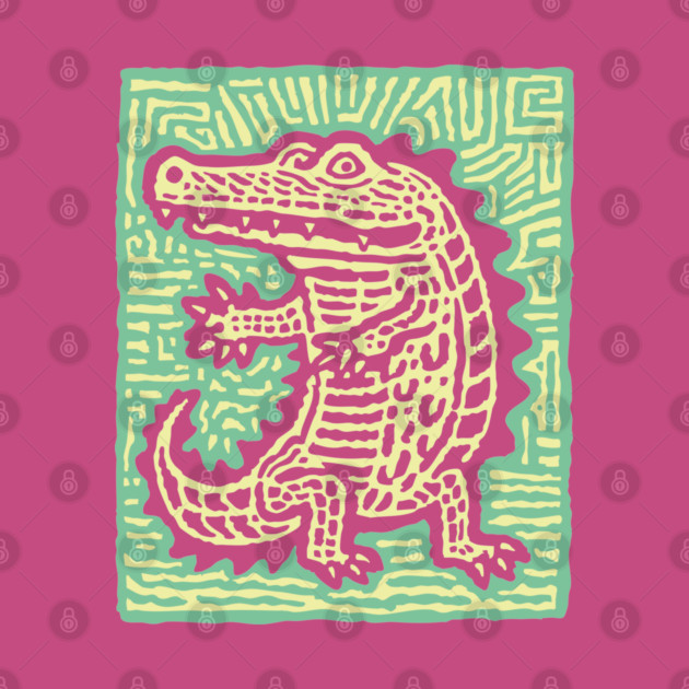 Alligator Block Print T-Shirt | Tribal Crocodile Linocut by TuncGK