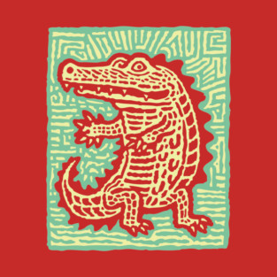 Alligator Block Print T-Shirt | Tribal Crocodile Linocut T-Shirt