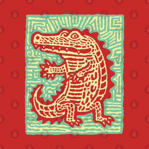 Alligator Block Print T-Shirt | Tribal Crocodile Linocut by TuncGK