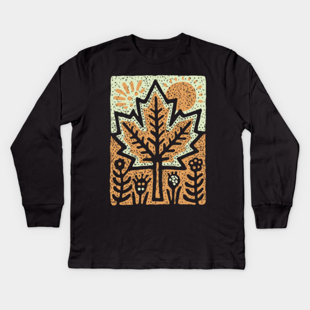 Autumn Maple Leaf T-Shirt | Folk Art Fall Nature Tee Kids Long Sleeve T-Shirt by TuncGK