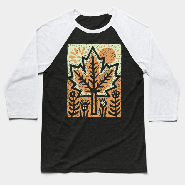 Autumn Maple Leaf T-Shirt | Folk Art Fall Nature Tee Baseball T-Shirt by TuncGK