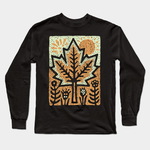 Autumn Maple Leaf T-Shirt | Folk Art Fall Nature Tee Long Sleeve T-Shirt by TuncGK
