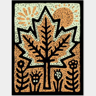 Autumn Maple Leaf T-Shirt | Folk Art Fall Nature Tee Posters and Art