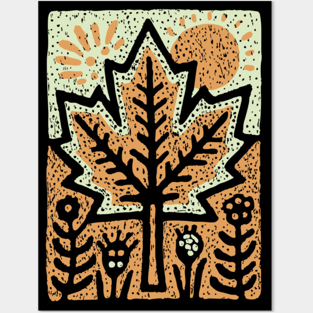 Autumn Maple Leaf T-Shirt | Folk Art Fall Nature Tee Wall Art by TuncGK