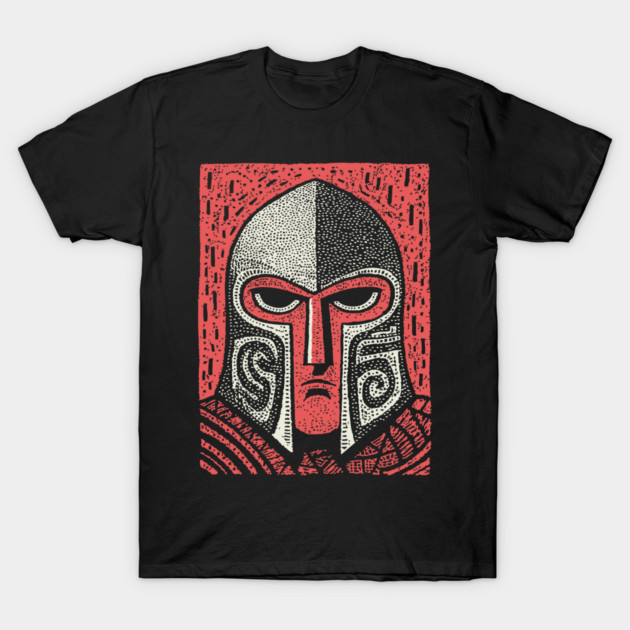 Spartan Helmet T-Shirt | Greek Warrior Linocut Graphic Tee T-Shirt by TuncGK