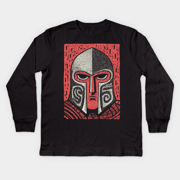 Spartan Helmet T-Shirt | Greek Warrior Linocut Graphic Tee Kids Long Sleeve T-Shirt by TuncGK