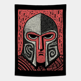 Spartan Helmet T-Shirt | Greek Warrior Linocut Graphic Tee Tapestry