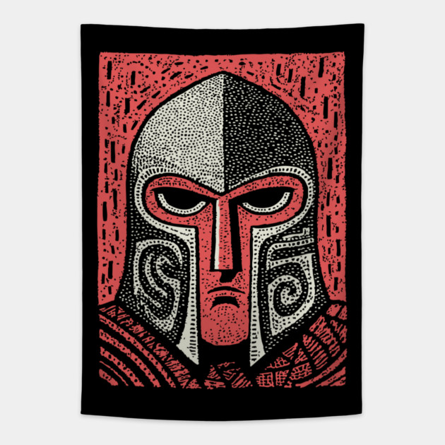 Spartan Helmet T-Shirt | Greek Warrior Linocut Graphic Tee Tapestry by TuncGK