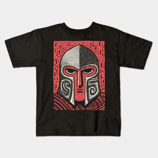 Spartan Helmet T-Shirt | Greek Warrior Linocut Graphic Tee Kids T-Shirt by TuncGK