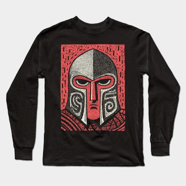 Spartan Helmet T-Shirt | Greek Warrior Linocut Graphic Tee Long Sleeve T-Shirt by TuncGK