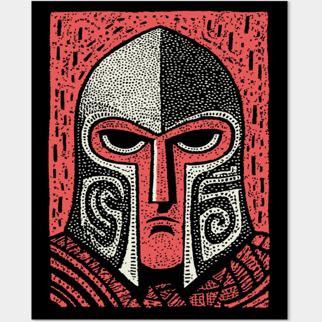 Spartan Helmet T-Shirt | Greek Warrior Linocut Graphic Tee Wall Art by TuncGK