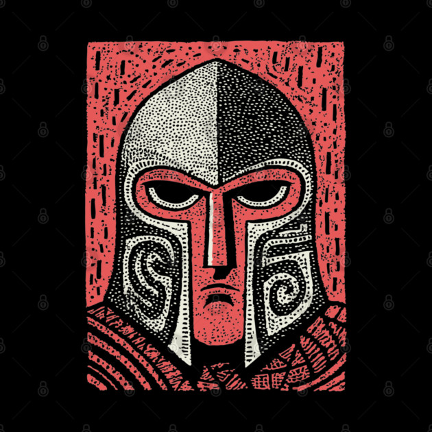 Spartan Helmet T-Shirt | Greek Warrior Linocut Graphic Tee by TuncGK