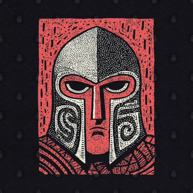Spartan Helmet T-Shirt | Greek Warrior Linocut Graphic Tee by TuncGK