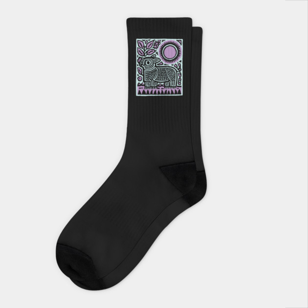 Aztec UFO | Ancient Aliens Funny Linocut Socks by TuncGK