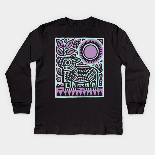 Aztec UFO | Ancient Aliens Funny Linocut Kids Long Sleeve T-Shirt by TuncGK