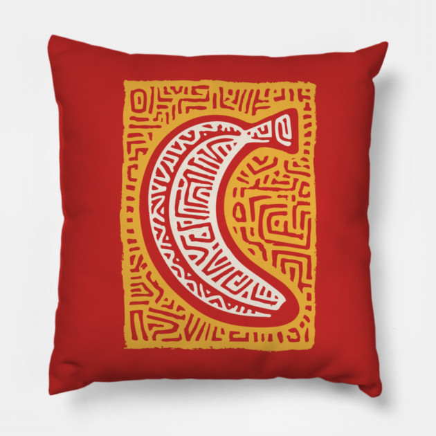 Pop Art Banana | Tribal Pattern Fruit Linocut Pillow by TuncGK