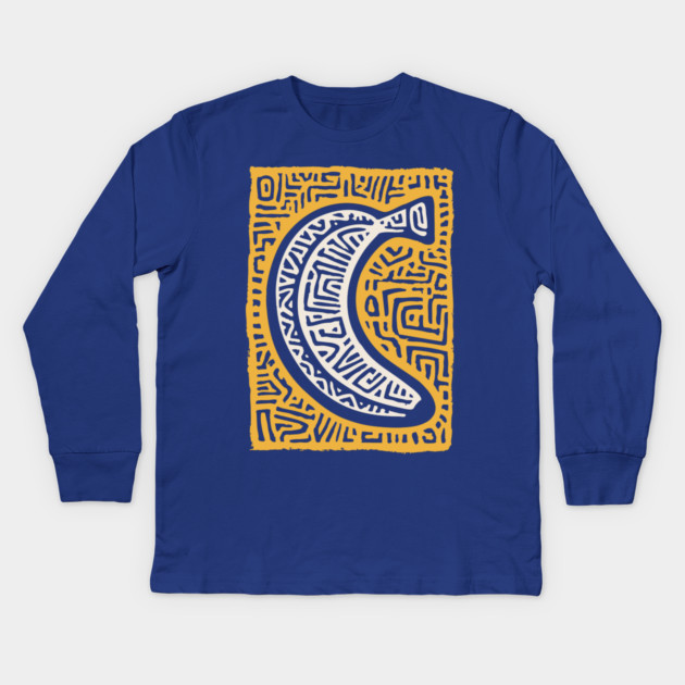 Pop Art Banana | Tribal Pattern Fruit Linocut Kids Long Sleeve T-Shirt by TuncGK