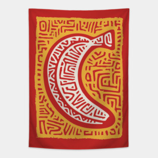Pop Art Banana | Tribal Pattern Fruit Linocut Tapestry